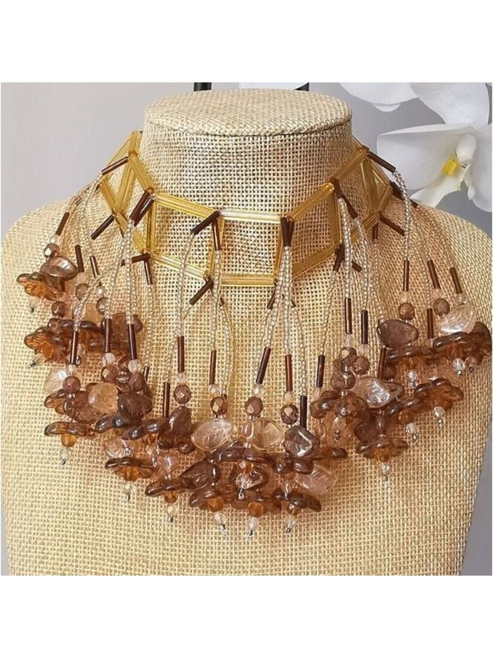 CZECH Amber glass flower cascade choker necklace collier